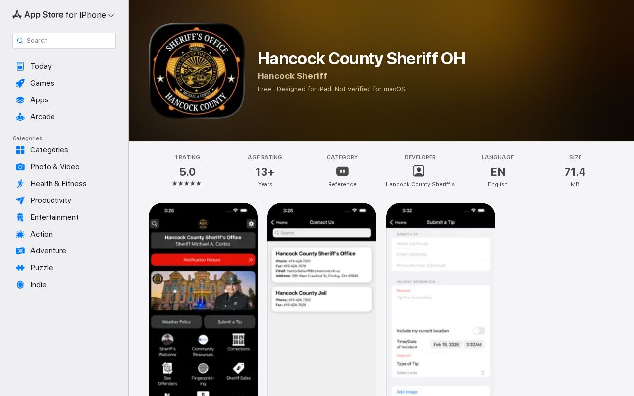 Official Hancock County sheriff app listing without a verified 24-hour release feature