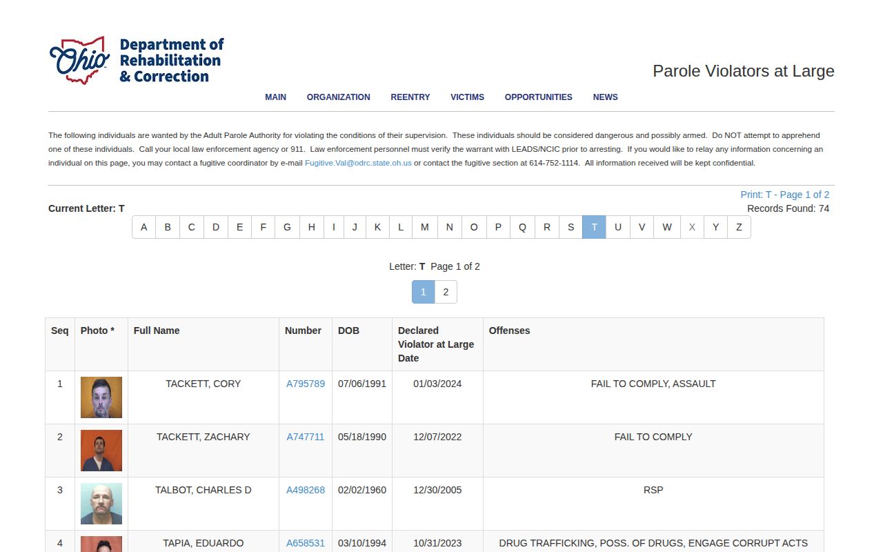 Hancock County parole violator lookup fields in the Ohio ODRC listing
