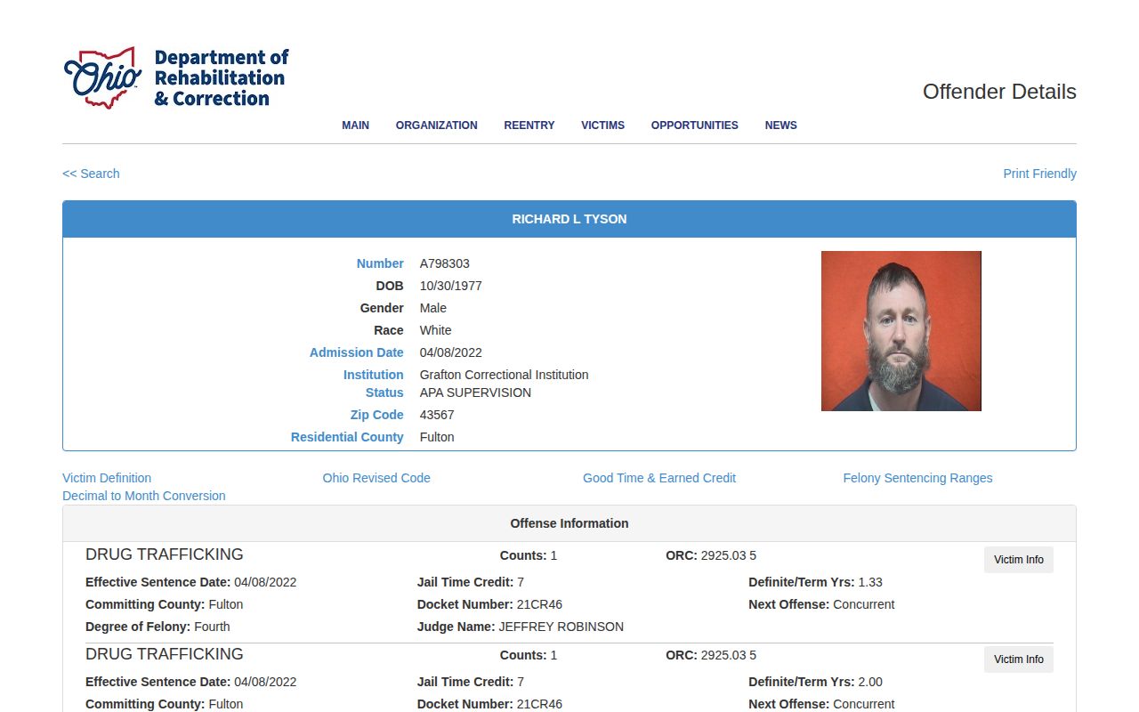 Hancock County parole and probation example with ODRC APA supervision fields