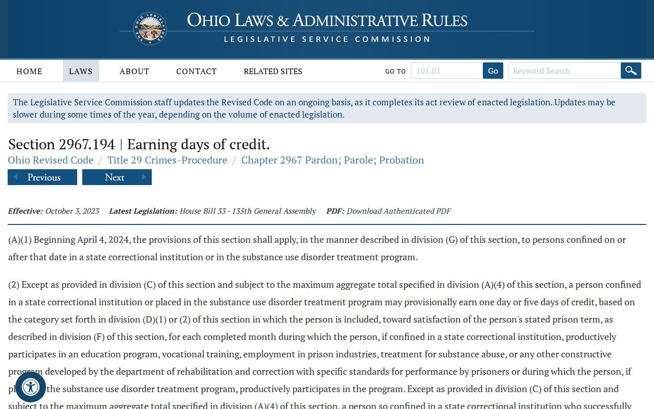 Ohio earned-credit statute used for a Hancock County projected release date