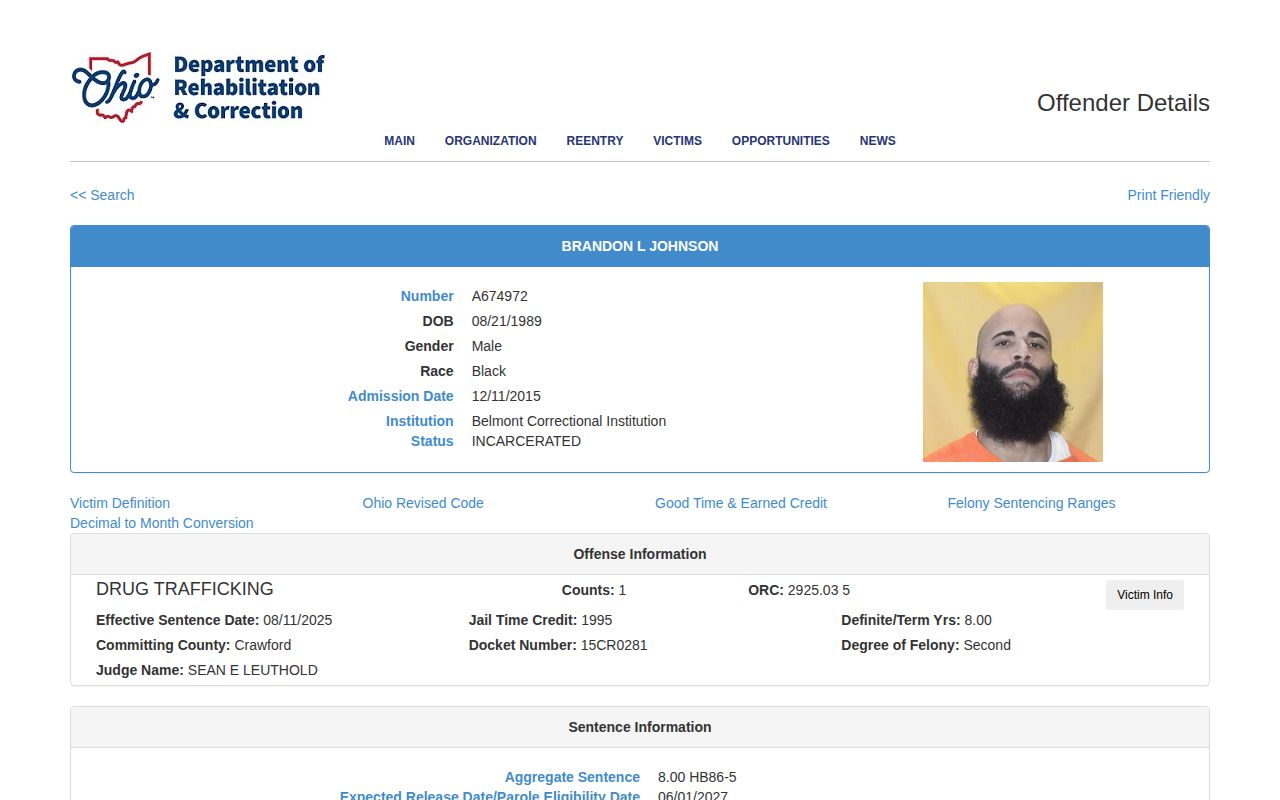 Hancock County projected release date example using the ODRC expected release field