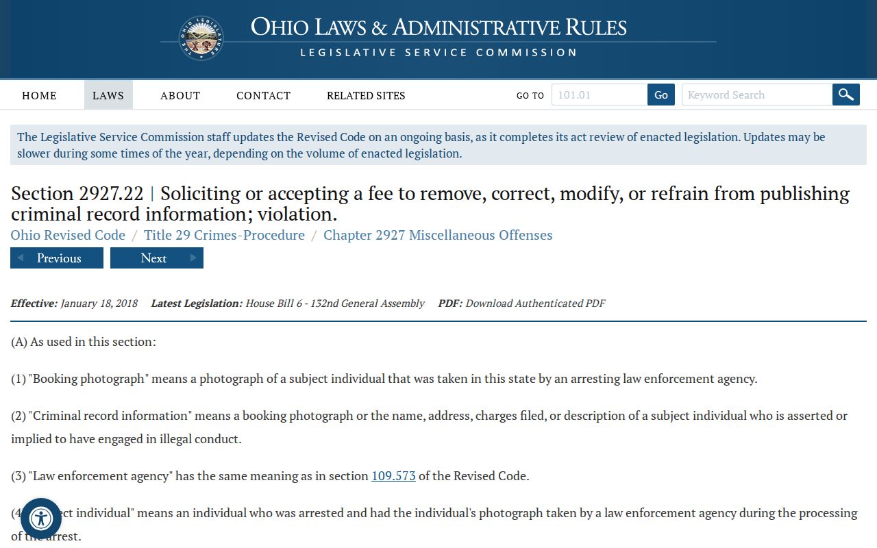 Ohio law affecting Hancock County released inmate mugshot removal